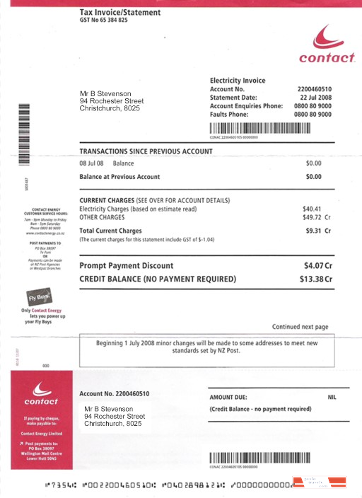 New Zealand Electricity utility bill PSD